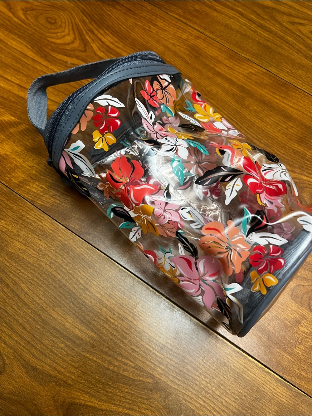 Vera Bradley Floral Clear Travel Cosmetic Bag - floral with Gray Trim and handle